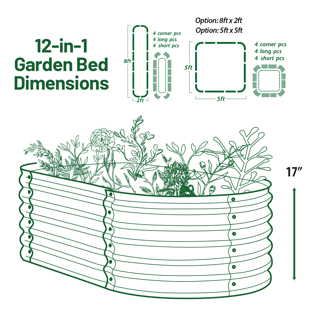 17" Tall 12-in-1 Metal Raised Garden Bed Kits